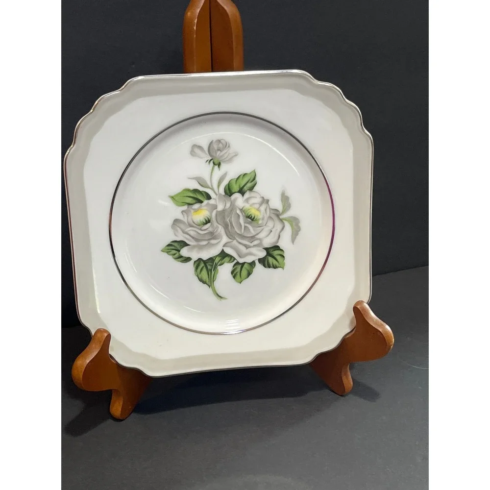 Gold Coast China First Love Square Salad Plate White Rose Silver Trim Japan 7.5